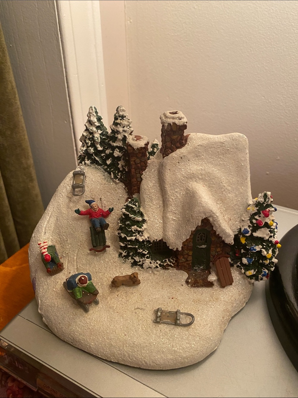 Thomas Kinkade Snowy Cottage Holiday Figurine with Green and White Accents